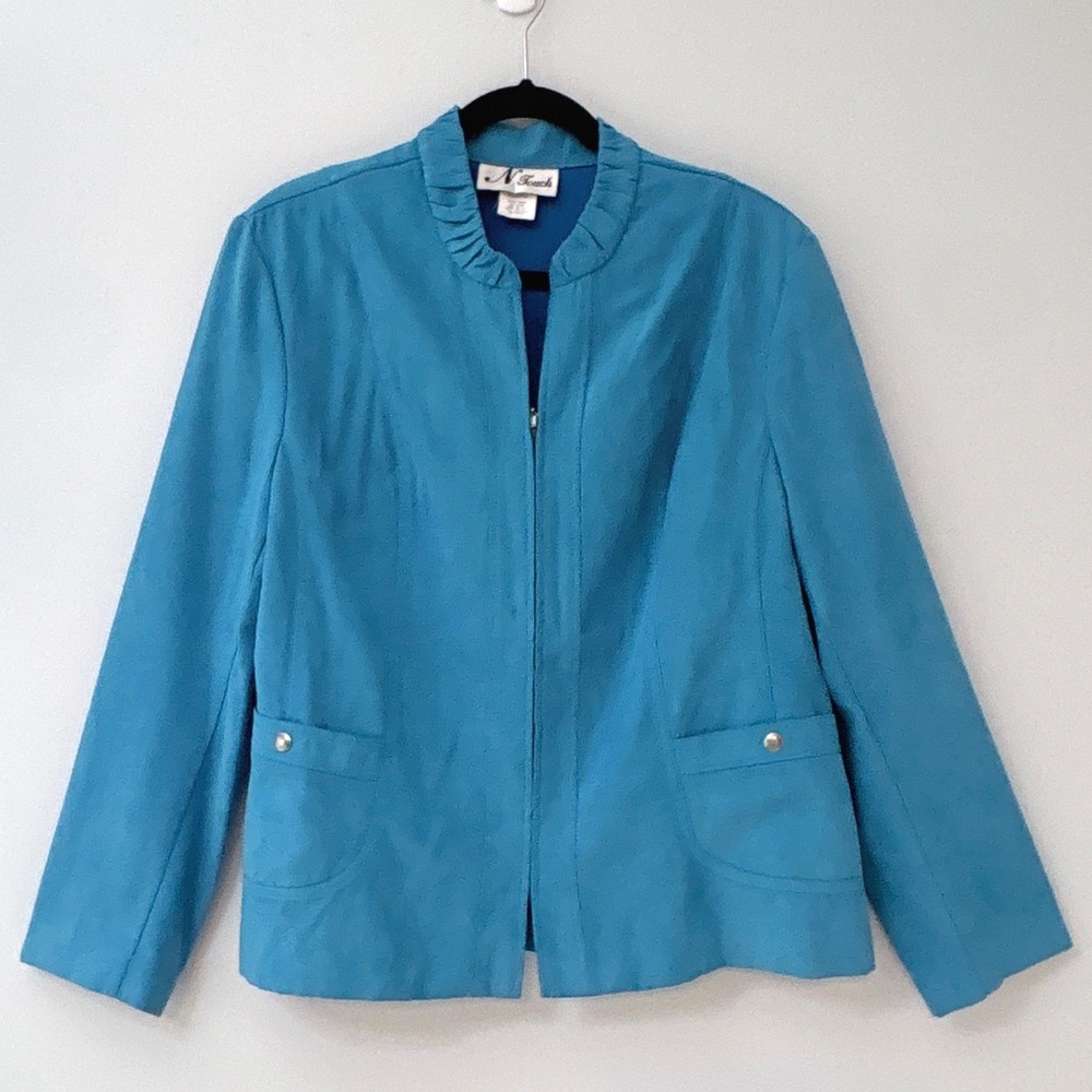 N Touch Faux Suede Ruffle Collar Zip Front Blazer Turquoise Blue Sz 16
